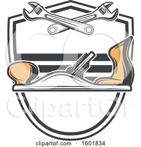Clipart of a Shield Frame with Adjustable Wrenches and a Jack Plane - Royalty Free Vector Illustration by Vector Tradition SM