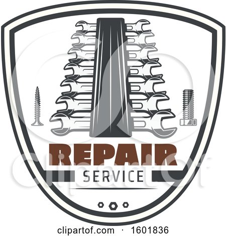 Clipart of a Repair Service Shield with a Screw Bolt and Wrenches - Royalty Free Vector Illustration by Vector Tradition SM