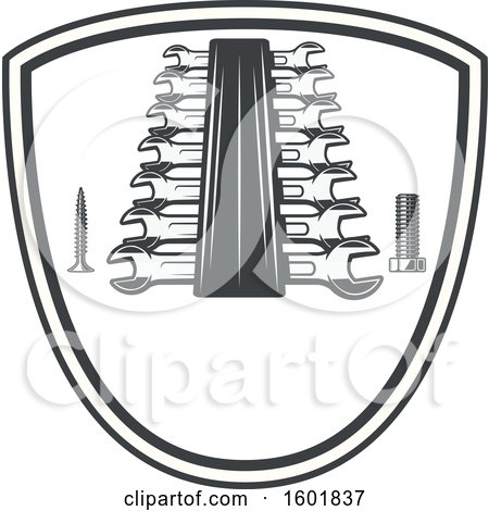 Clipart of a Shield Frame with a Screw Bolt and Wrenches - Royalty Free Vector Illustration by Vector Tradition SM