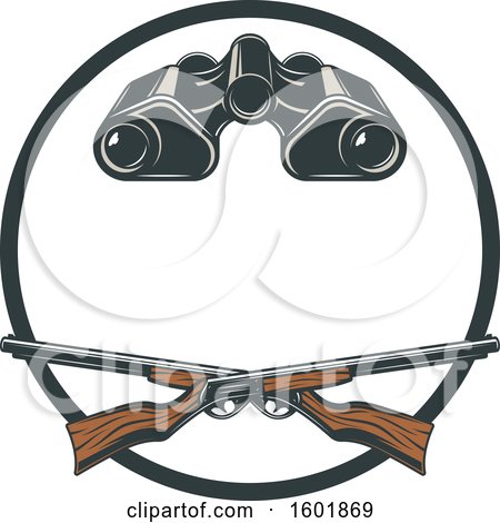 Clipart of a Round Frame with Binoculars and Crossed Hunting Rifles - Royalty Free Vector Illustration by Vector Tradition SM