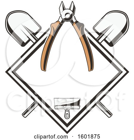 Clipart of a Diamond Frame with Pliers Scraper and Crossed Shovels - Royalty Free Vector Illustration by Vector Tradition SM