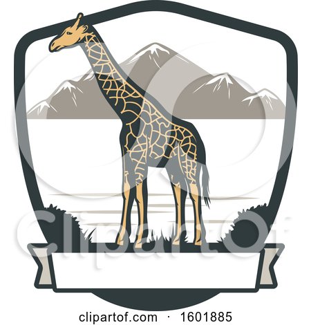 Clipart of a Giraffe and Landscape Shield with a Banner - Royalty Free Vector Illustration by Vector Tradition SM
