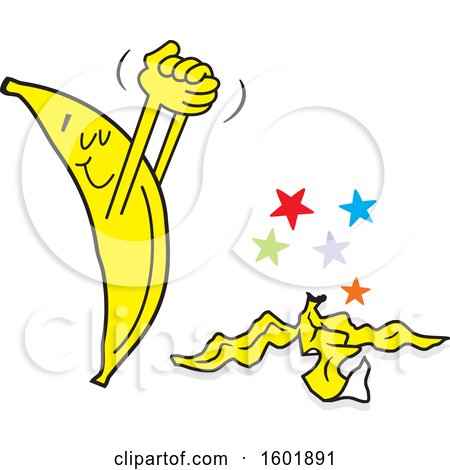 Clipart of a Cartoon Victorious Banana over a Peel - Royalty Free Vector Illustration by Johnny Sajem