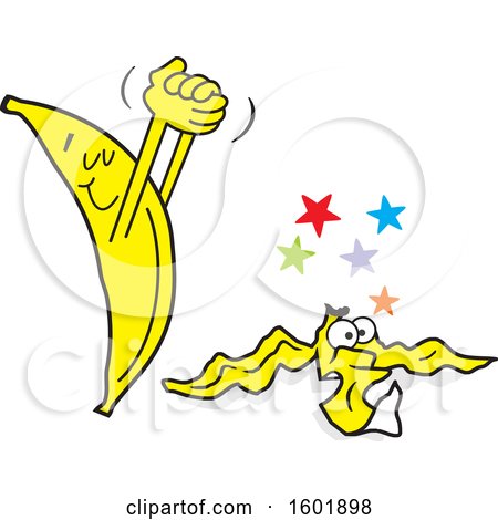 Clipart of a Cartoon Victorious Banana over a Knocked out Peel - Royalty Free Vector Illustration by Johnny Sajem