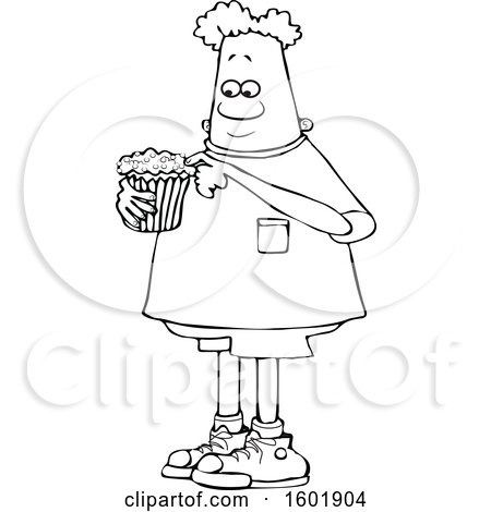 Clipart of a Cartoon Lineart Black Boy Eating a Cupcake - Royalty Free Vector Illustration by djart