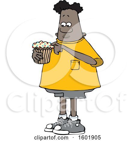 Clipart of a Cartoon Black Boy Eating a Cupcake - Royalty Free Vector Illustration by djart