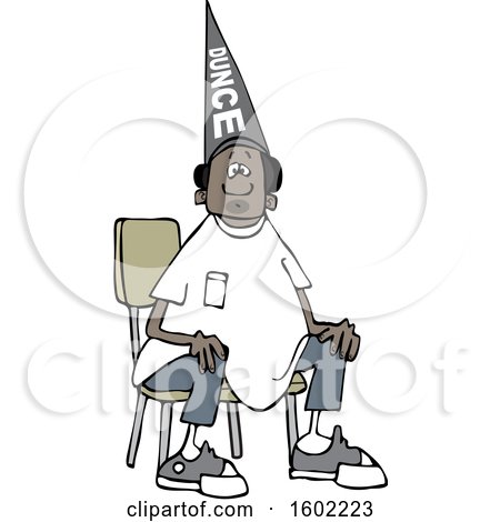 Clipart of a Cartoon Black Boy Wearing a Dunce Hat and Sitting in a Chair - Royalty Free Vector Illustration by djart