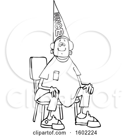 Clipart of a Cartoon Lineart Black Boy Wearing a Dunce Hat and Sitting in a Chair - Royalty Free Vector Illustration by djart