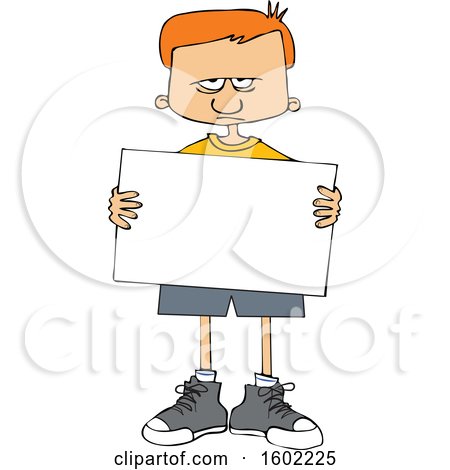 Clipart of a Cartoon Angry White Boy Holding a Blank Sign - Royalty Free Vector Illustration by djart