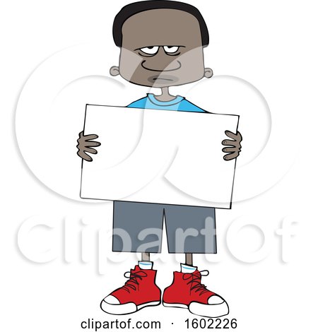 Clipart of a Cartoon Angry Black Boy Holding a Blank Sign - Royalty Free Vector Illustration by djart