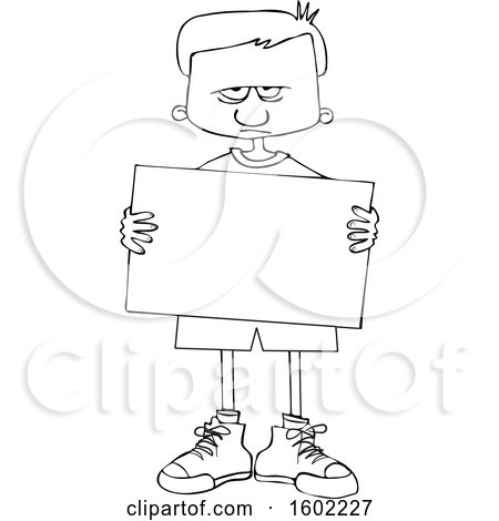 Clipart of a Cartoon Lineart Angry Boy Holding a Blank Sign - Royalty Free Vector Illustration by djart
