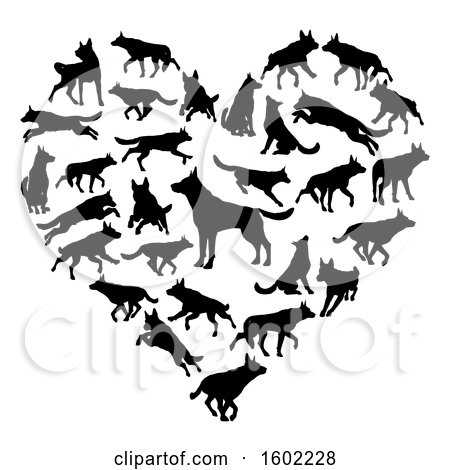 Clipart of a Heart Made of Black Silhouetted German Shepherd Dogs - Royalty Free Vector Illustration by AtStockIllustration