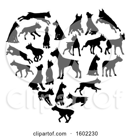 Clipart of a Heart Made of Black Silhouetted Boxer Dogs - Royalty Free Vector Illustration by AtStockIllustration