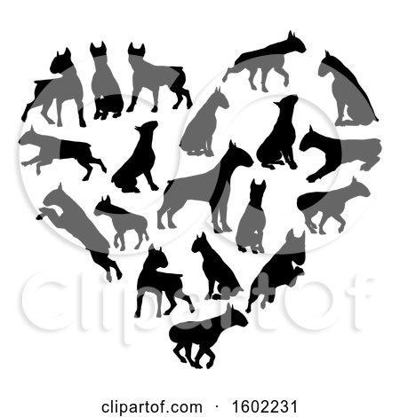 Clipart of a Heart Made of Black Silhouetted Bull Terrier Dogs - Royalty Free Vector Illustration by AtStockIllustration