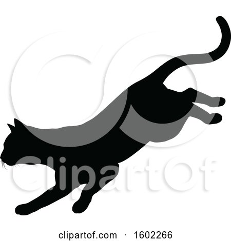Clipart of a Black Silhouetted Cat Pouncing - Royalty Free Vector Illustration by AtStockIllustration