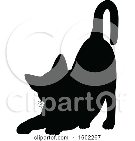 Clipart of a Black Silhouetted Cat Stretching - Royalty Free Vector Illustration by AtStockIllustration