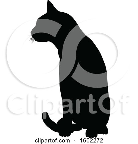 Clipart of a Black Silhouetted Cat Sitting - Royalty Free Vector Illustration by AtStockIllustration