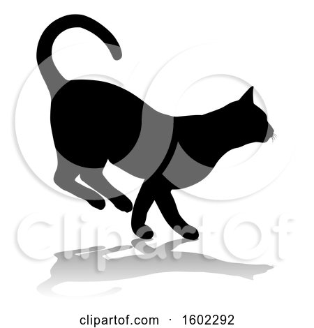 Clipart of a Silhouetted Cat, with a Shadow or Reflection, on a White Background - Royalty Free Vector Illustration by AtStockIllustration