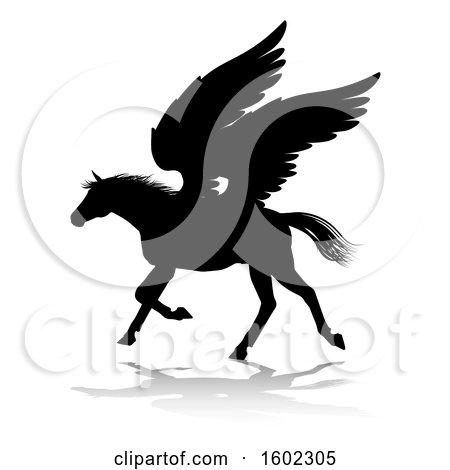 Clipart of a Black Silhouetted Pegasus Horse, with a Reflection or Shadow, on a White Background - Royalty Free Vector Illustration by AtStockIllustration