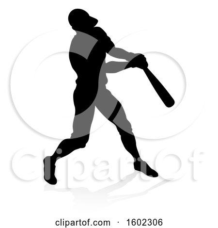 Clipart of a Black Silhouetted Baseball Player Batting, with a Reflection on a White Background - Royalty Free Vector Illustration by AtStockIllustration