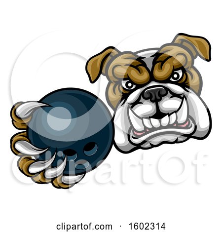 Clipart of a Tough Bulldog Monster Mascot Holding out a Bowling Ball in One Clawed Paw - Royalty Free Vector Illustration by AtStockIllustration