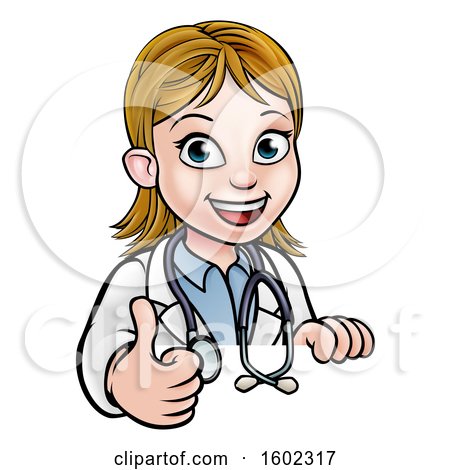 Clipart of a Cartoon Friendly White Female Doctor Holding a Thumb up over a Sign - Royalty Free Vector Illustration by AtStockIllustration