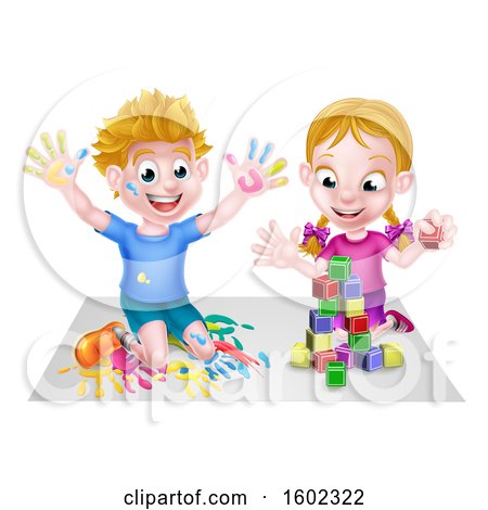 Clipart of a Cartoon Happy White Boy Kneeling and Hand Painting Artwork and Girl Playing with Toy Blocks - Royalty Free Vector Illustration by AtStockIllustration