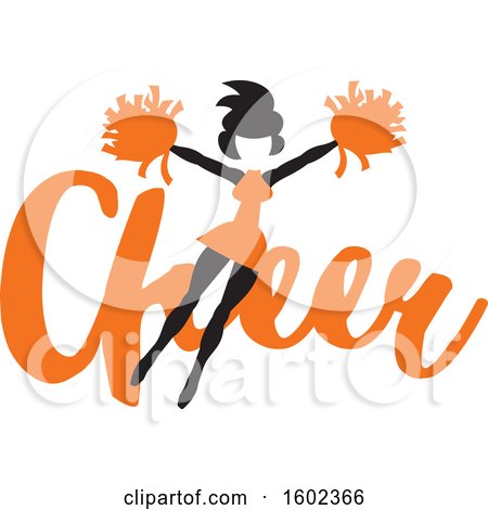 Clipart of a Jumping Cheerleader over Orange Cheer Text - Royalty Free Vector Illustration by Johnny Sajem