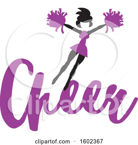 Clipart of a Jumping Cheerleader Above Purple Cheer Text - Royalty Free Vector Illustration by Johnny Sajem