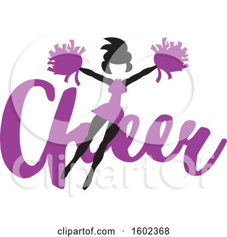 Clipart of a Jumping Cheerleader over Purple Cheer Text - Royalty Free Vector Illustration by Johnny Sajem
