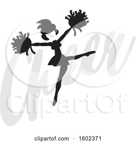 Clipart of a Silhouetted Grayscale Jumping Cheerleader over the Word Cheer - Royalty Free Vector Illustration by Johnny Sajem
