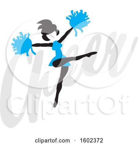 Clipart of a Silhouetted Jumping Cheerleader in Blue, over the Word Cheer - Royalty Free Vector Illustration by Johnny Sajem