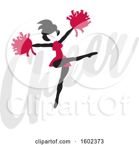 Clipart of a Silhouetted Jumping Cheerleader in Cardinal Red, over the Word Cheer - Royalty Free Vector Illustration by Johnny Sajem