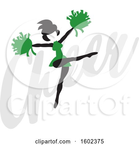Clipart of a Silhouetted Jumping Cheerleader in Green, over the Word Cheer - Royalty Free Vector Illustration by Johnny Sajem