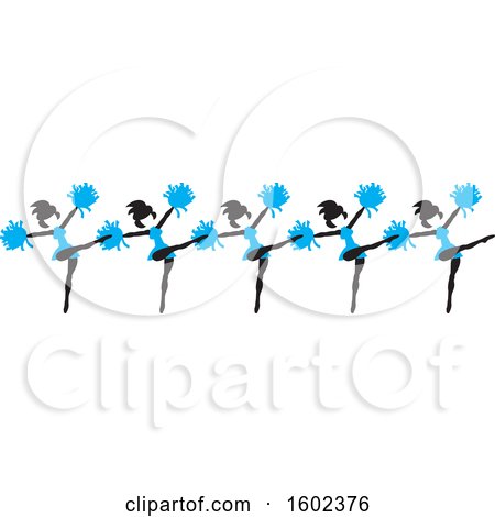 Clipart of a Line of Kicking Cheerleaders in Blue - Royalty Free Vector Illustration by Johnny Sajem