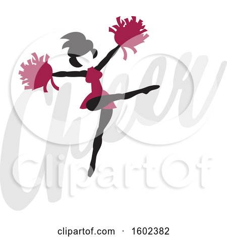 Clipart of a Silhouetted Jumping Cheerleader in Maroon, over the Word Cheer - Royalty Free Vector Illustration by Johnny Sajem