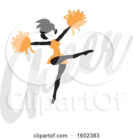 Clipart of a Silhouetted Jumping Cheerleader in Orange, over the Word Cheer - Royalty Free Vector Illustration by Johnny Sajem