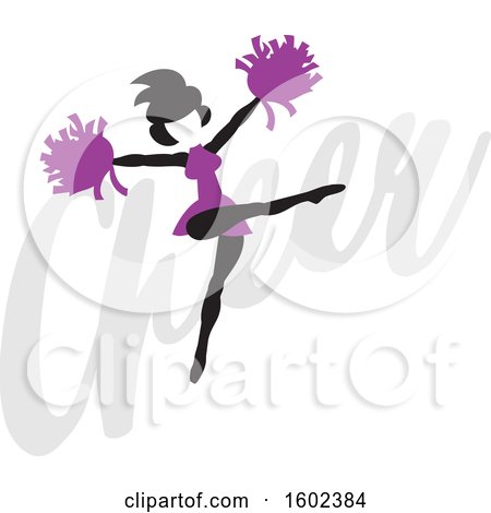 Clipart of a Silhouetted Jumping Cheerleader in Purple, over the Word Cheer - Royalty Free Vector Illustration by Johnny Sajem