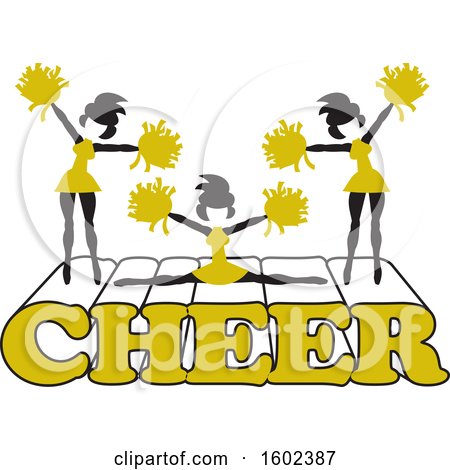 Clipart of Silhouetted Cheerleaders in Gold, Jumping and Doing the Splits on Cheer Text - Royalty Free Vector Illustration by Johnny Sajem