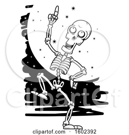 Clipart of a Cartoon Black and White Dancing Skeleton Against a Full Moon - Royalty Free Vector Illustration by Cory Thoman