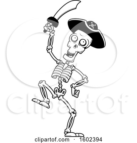 Clipart of a Cartoon Black and White Dancing Pirate Skeleton Holding a Sword - Royalty Free Vector Illustration by Cory Thoman