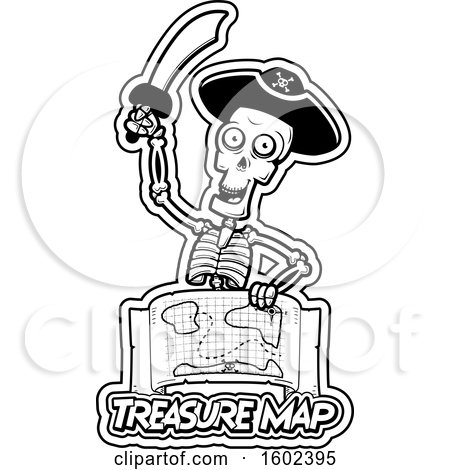 Clipart of a Cartoon Black and White Pirate Skeleton Holding a Sword over a Treasure Map - Royalty Free Vector Illustration by Cory Thoman