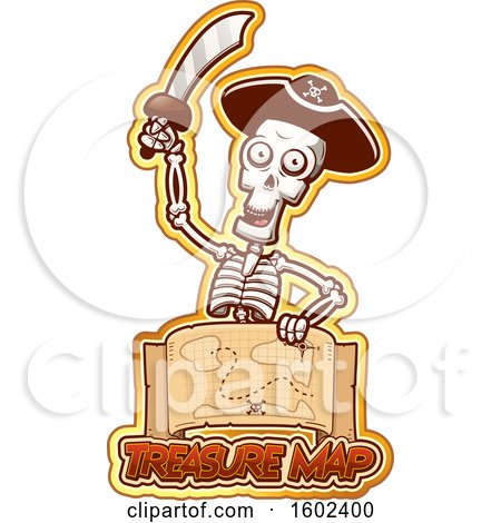 Clipart of a Cartoon Pirate Skeleton Holding a Sword over a Treasure Map - Royalty Free Vector Illustration by Cory Thoman