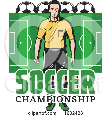 Clipart of a Soccer Referee over a Pitch with Balls - Royalty Free Vector Illustration by Vector Tradition SM