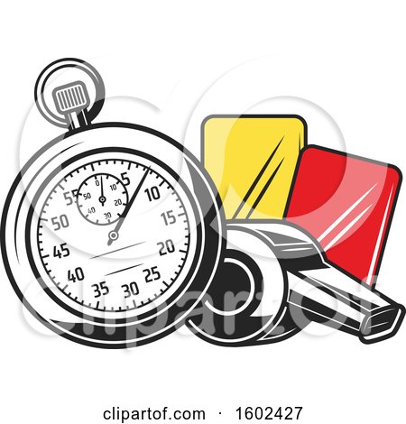 Clipart of a Stop Watch Whistle and Soccer Cards - Royalty Free Vector Illustration by Vector Tradition SM