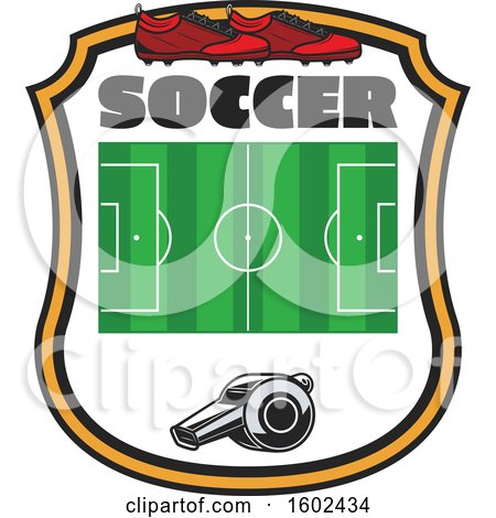 Clipart of a Soccer Field Whistle and Cleats in a Shield - Royalty Free Vector Illustration by Vector Tradition SM