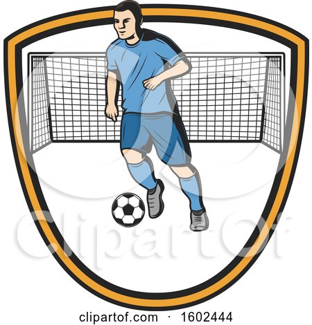 Clipart of a Soccer Player and Net in a Shield - Royalty Free Vector Illustration by Vector Tradition SM