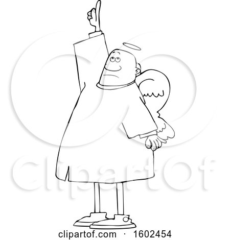 Clipart of a Cartoon Lineart Black Male Angel Pointing up - Royalty Free Vector Illustration by djart