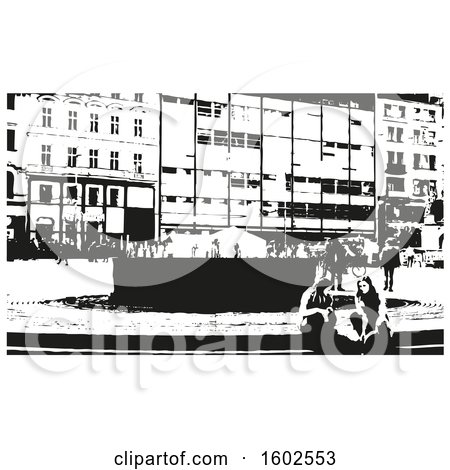 Clipart of a Black and White Street Scene - Royalty Free Vector Illustration by dero