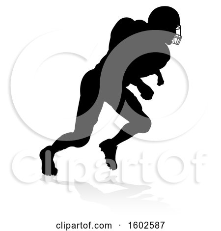Clipart of a Silhouetted Football Player, with a Reflection or Shadow, on a White Background - Royalty Free Vector Illustration by AtStockIllustration